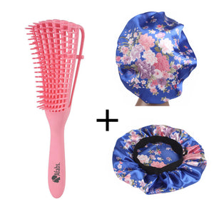 Afabs® Roze Anti-klit Haarborstel + Blauwe bloemen satijnen slaapmuts | Detangler brush | Detangling brush | Satin cap / Hair bonnet / Satijnen nachtmuts / Satin bonnet | Kam voor Krullen | Kroes haar borstel