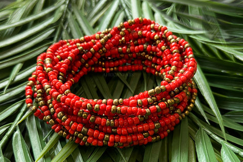 Waist Beads / Afrikaanse Heupketting - EBO - Rood / goud (elastisch