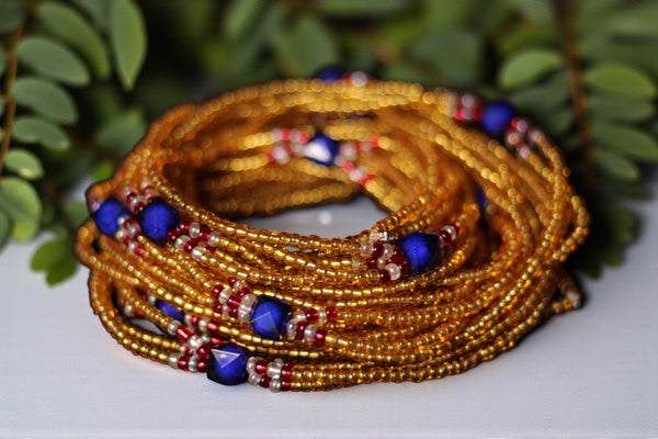 3 in 1 Waist Beads / Afrikaanse Heupketting - IYORE- Blauw / goud (elastisch)