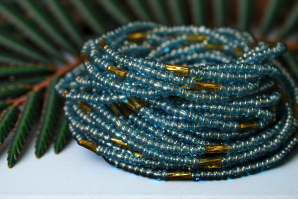 Waist Beads / Afrikaanse Heupketting - IZODUWA - Blauw / gold (elastisch)
