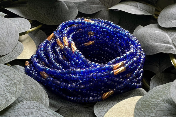Waist Beads / Afrikaanse Heupketting - EHANA- Blauw / goud (elastisch)