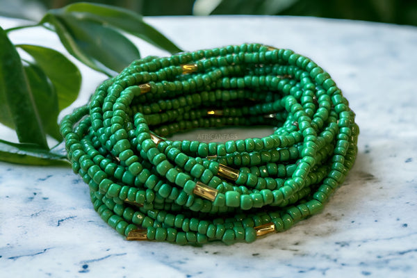 Waist Beads / Afrikaanse Heupketting - ADAEGO - Groen / goud (elastisch)