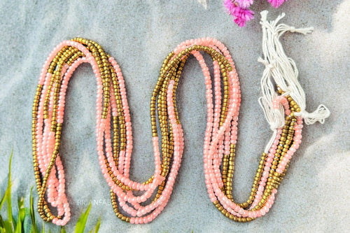 Waist Beads / Afrikaanse Heupketting - Abinéné - Goud / roze (Traditioneel niet-elastisch koord)