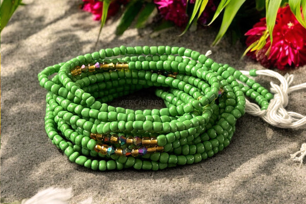 (Belangrijk: graag lezen) Waist Beads / Afrikaanse Heupketting - Groen / Goud (Traditioneel niet-elastisch koord) 