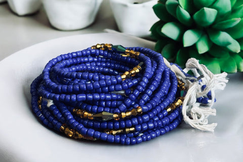 Waist Beads / Afrikaanse Heupketting - Chi -  Blauw mix (Traditioneel niet-elastisch koord)