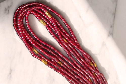 Waist Beads / Afrikaanse Heupketting -  Ike - Rood / goud (Traditioneel niet-elastisch koord)