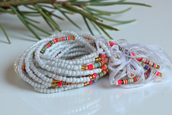 Waist Beads / Afrikaanse Heupketting - Osi - Wit / goud (Traditioneel niet-elastisch koord)