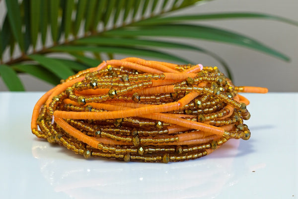 Waist Beads / Afrikaanse Heupketting - Juma - Oranje met goud (Traditioneel niet-elastisch koord)