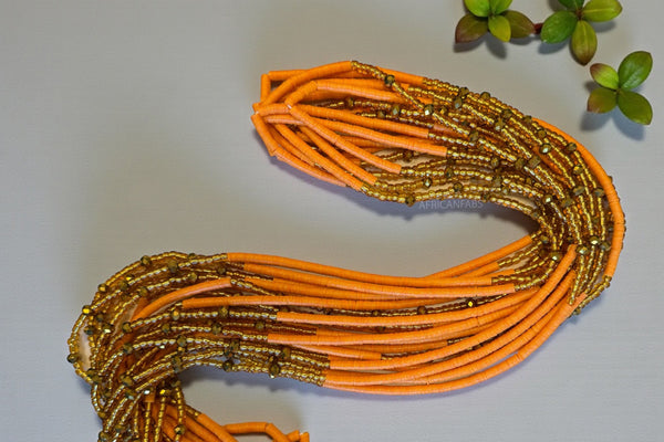 Waist Beads / Afrikaanse Heupketting - Juma - Oranje met goud (Traditioneel niet-elastisch koord)