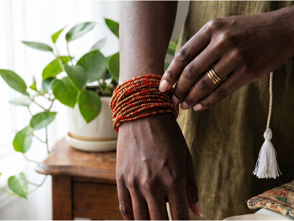 Waist Beads / Afrikaanse Heupketting -  Goud Rood Chiamaka (Traditioneel niet-elastisch koord)
