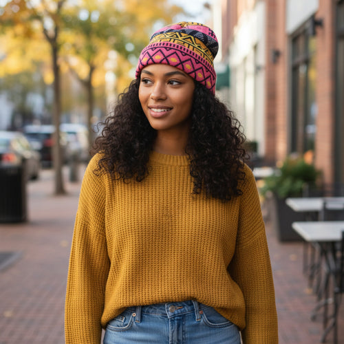 Afrikaanse Print Wintermuts / Beanie - Roze Tribal Symbols