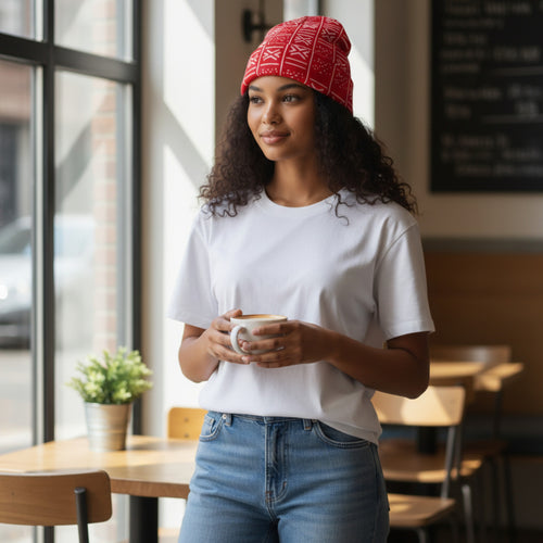 Afrikaanse Print Wintermuts / Beanie - Rood Wit Bogolan