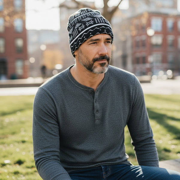 Afrikaanse Print Wintermuts / Beanie - Zwart Wit Bogolan