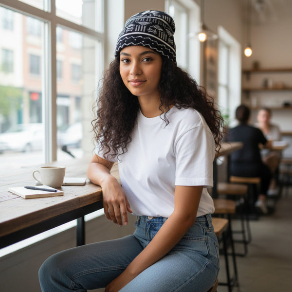 Afrikaanse Print Wintermuts / Beanie - Zwart Wit Bogolan