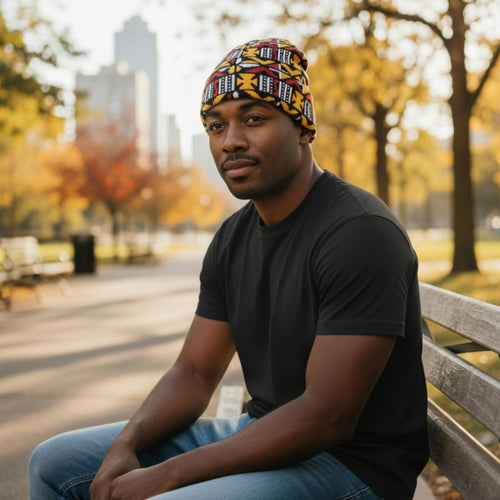 Afrikaanse Print Wintermuts / Beanie - Bruin Cross Bogolan