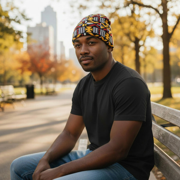 Afrikaanse Print Wintermuts / Beanie - Bruin Cross Bogolan