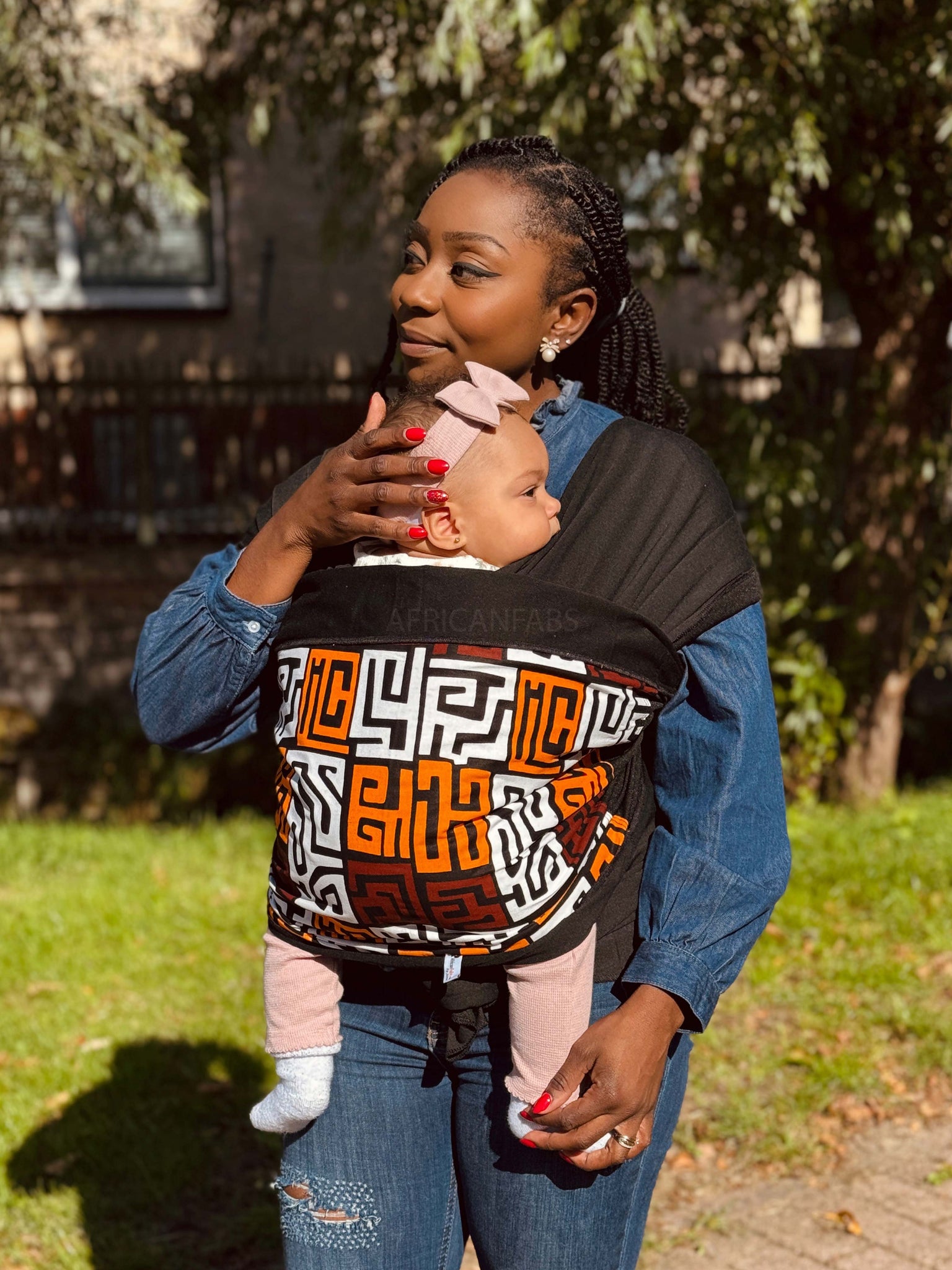 Afrikaanse Print Draagdoek / Draagzak / baby wrap / baby sling - Bordeauxrood & Geel-oranje Kuba Blokken Congo
