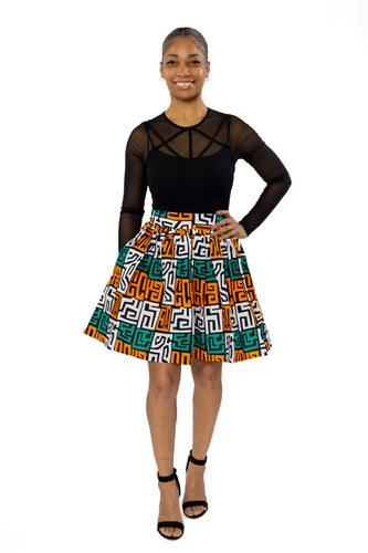 Afrikaanse print mini rok - Petrol Geel Kuba Blocks Congo