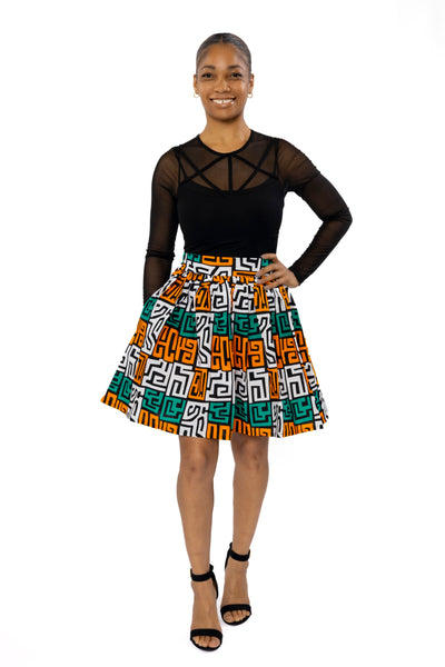 Afrikaanse print mini rok - Petrol Geel Kuba Blocks Congo