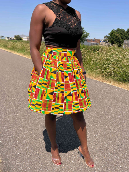 Afrikaanse print mini rok - Kente oranje/groen