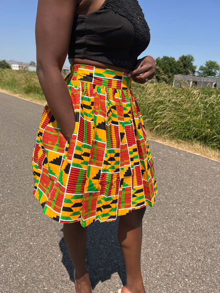 Afrikaanse print mini rok - Kente oranje/groen