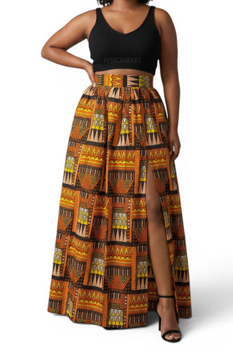 Afrikaanse print maxi rok - Verstelbare split - Oranje Bruin Tribal Blocks