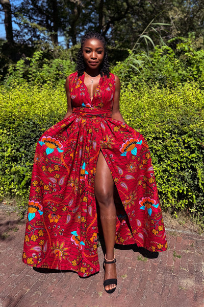Afrikaanse print Infinity Multiway Maxi Jurk - Donkerrood & Geel Botanical Flow