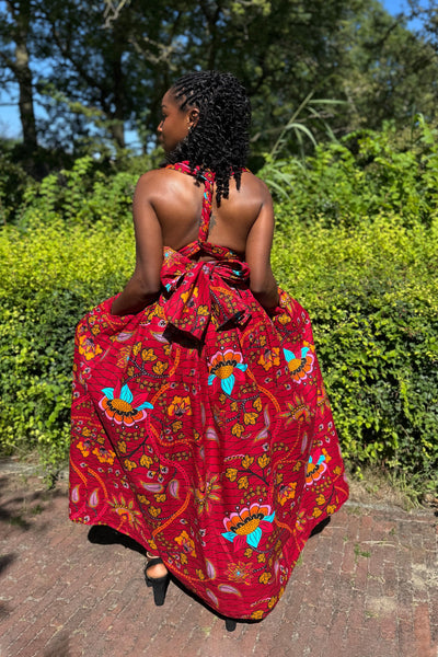 Afrikaanse print Infinity Multiway Maxi Jurk - Donkerrood & Geel Botanical Flow