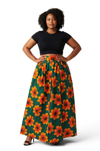 Afrikaanse print maxi rok - Verstelbare split - Groen Oranje Sunflower
