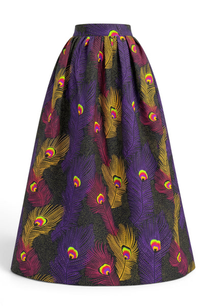 Afrikaanse print maxi rok - Verstelbare split - Paars Geel Peacock Feathers