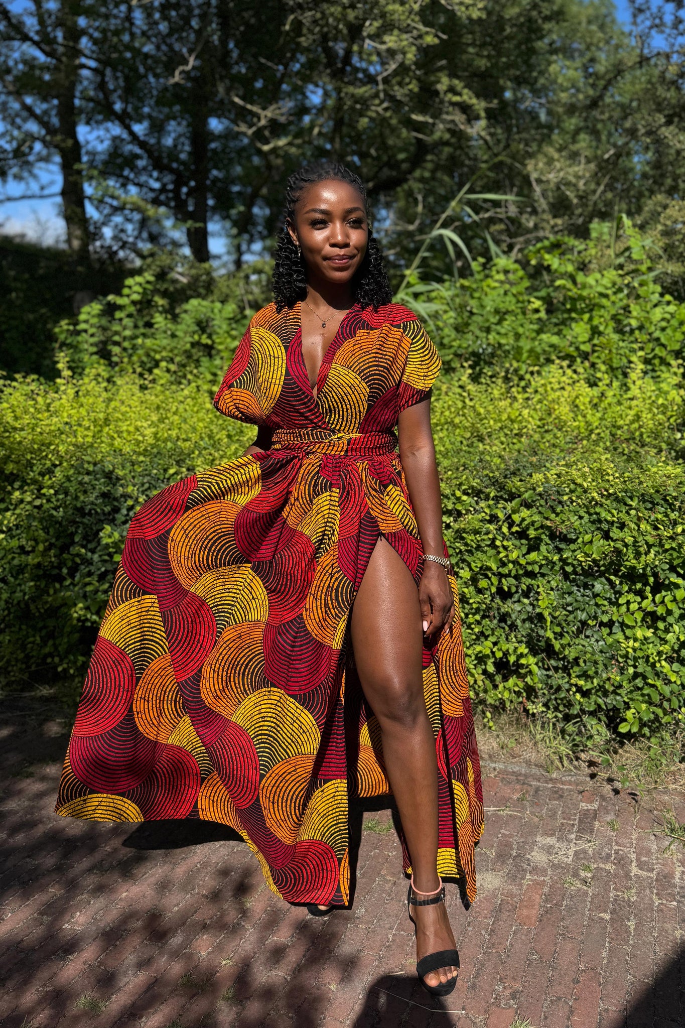 Afrikaanse print Infinity Multiway Maxi Jurk - Rood & Geel Concentric Circle Design