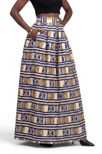 Afrikaanse print maxi rok - Verstelbare split - Blauw Mosterd Bogolan Heritage