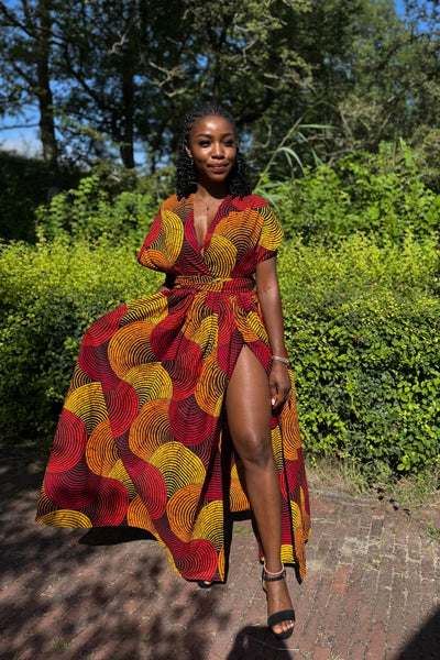Afrikaanse print Infinity Multiway Maxi Jurk - Rood & Geel Concentric Circle Design