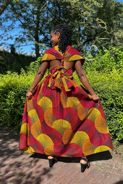 Afrikaanse print Infinity Multiway Maxi Jurk - Rood & Geel Concentric Circle Design