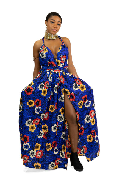 Afrikaanse print Blauwe Flowers Infinity Multiway Maxi Jurk