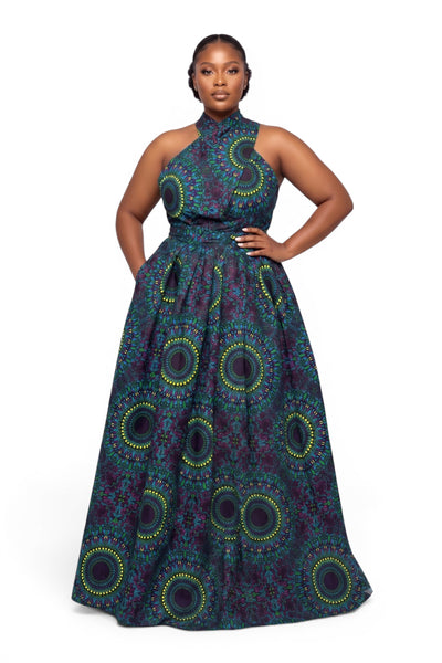 Afrikaanse print Infinity Multiway Maxi Jurk - Verstelbare Split - Blauw Groen Safari Mosaic