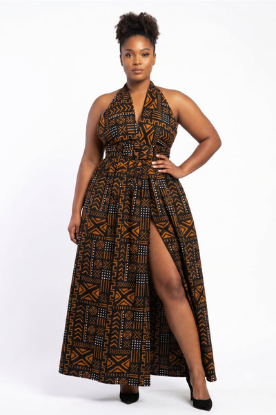 Afrikaanse print Infinity Multiway Maxi Jurk - Verstelbare Split - Zwart Oranje Bogolan Spirit
