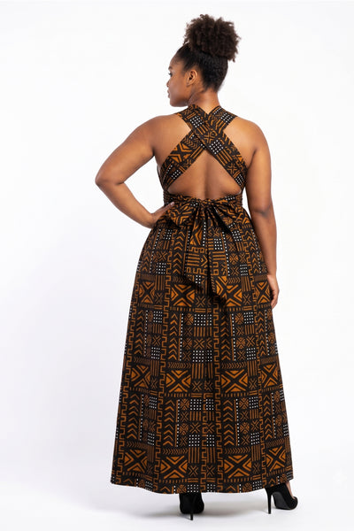 Afrikaanse print Infinity Multiway Maxi Jurk - Verstelbare Split - Zwart Oranje Bogolan Spirit