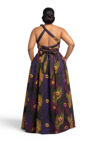 Afrikaanse print Infinity Multiway Maxi Jurk - Verstelbare Split - Paars Geel Royal Peacock