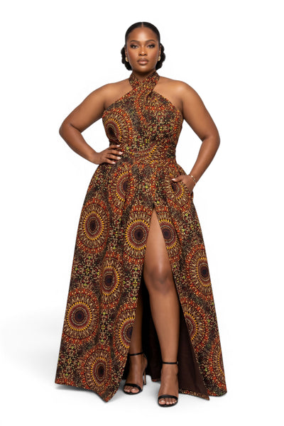 Afrikaanse print Infinity Multiway Maxi Jurk - Verstelbare Split - Bruin Savanna Sun