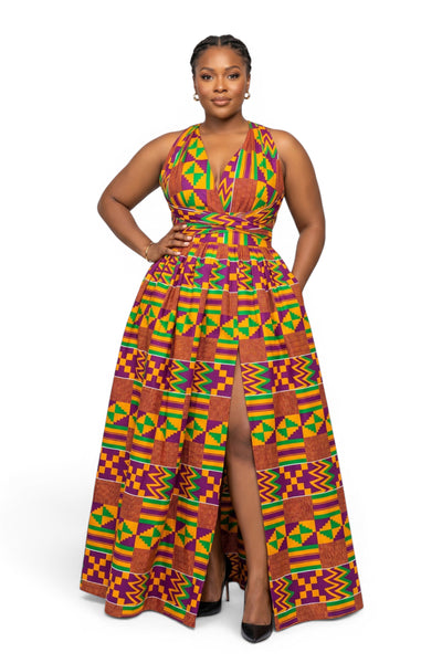African Print Infinity Multiway Maxi Dress - Adjustable Slit - Purple Green Kente Royale