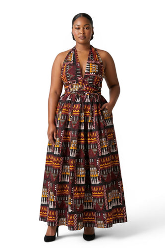 Afrikaanse print Infinity Multiway Maxi Jurk - Verstelbare Split - Bruin Oranje Earth Heritage