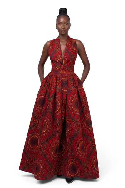 Afrikaanse print Infinity Multiway Maxi Jurk - Verstelbare Split - Rood Sunfire Bloom