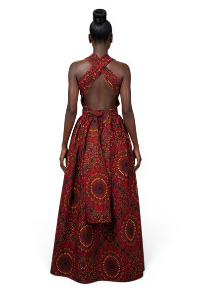 Afrikaanse print Infinity Multiway Maxi Jurk - Verstelbare Split - Rood Sunfire Bloom
