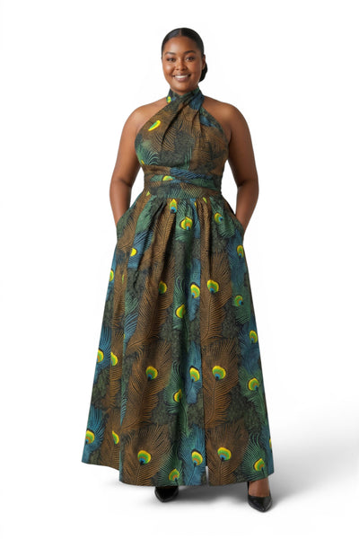 Afrikaanse print Infinity Multiway Maxi Jurk - Verstelbare Split - Petrol Bruin Peacock Majesty