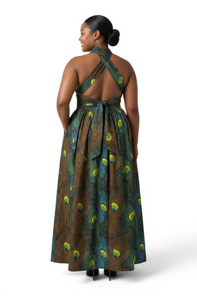 Afrikaanse print Infinity Multiway Maxi Jurk - Verstelbare Split - Petrol Bruin Peacock Majesty