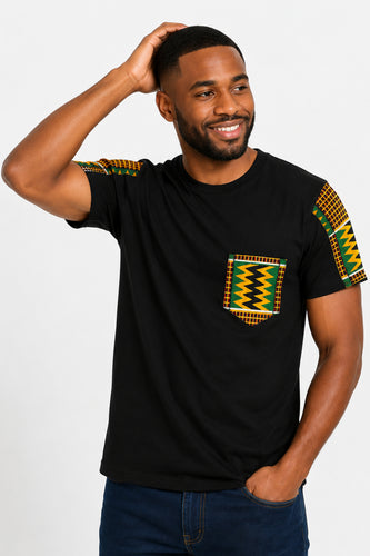 T-shirt met Afrikaanse print details - Groen Kente Zigzag Pocket