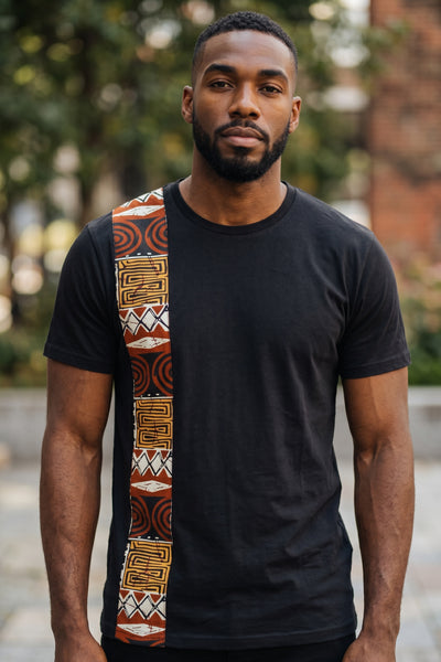 T-shirt met Afrikaanse print details - Bruin Bogolan mozaïek band