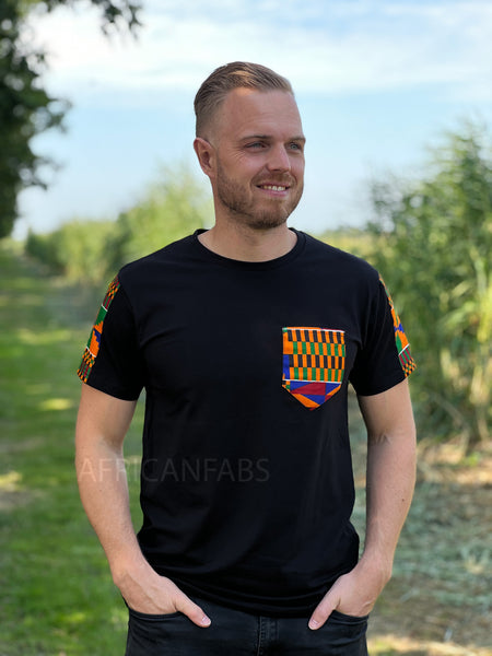 T-shirt met Afrikaanse print details -  Kente mouwen en borstzak