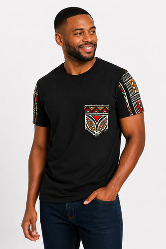 T-shirt met Afrikaanse print details - Rood Bogolan Symbols Pocket
